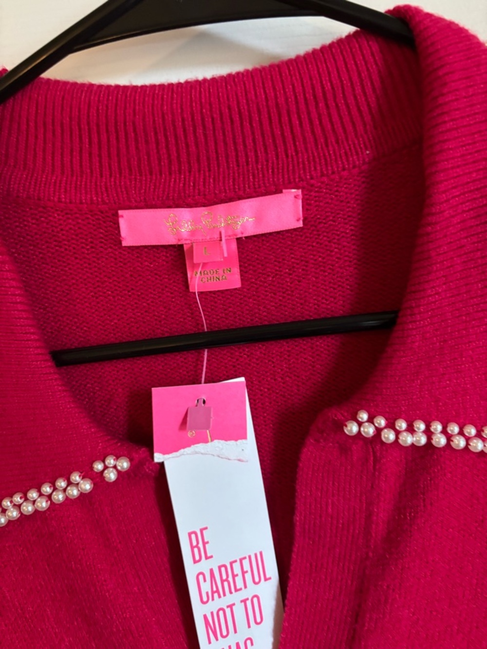 Lilly Pulitzer Hot Pink Pearl-Trim Sweater Top NWT SIZE L